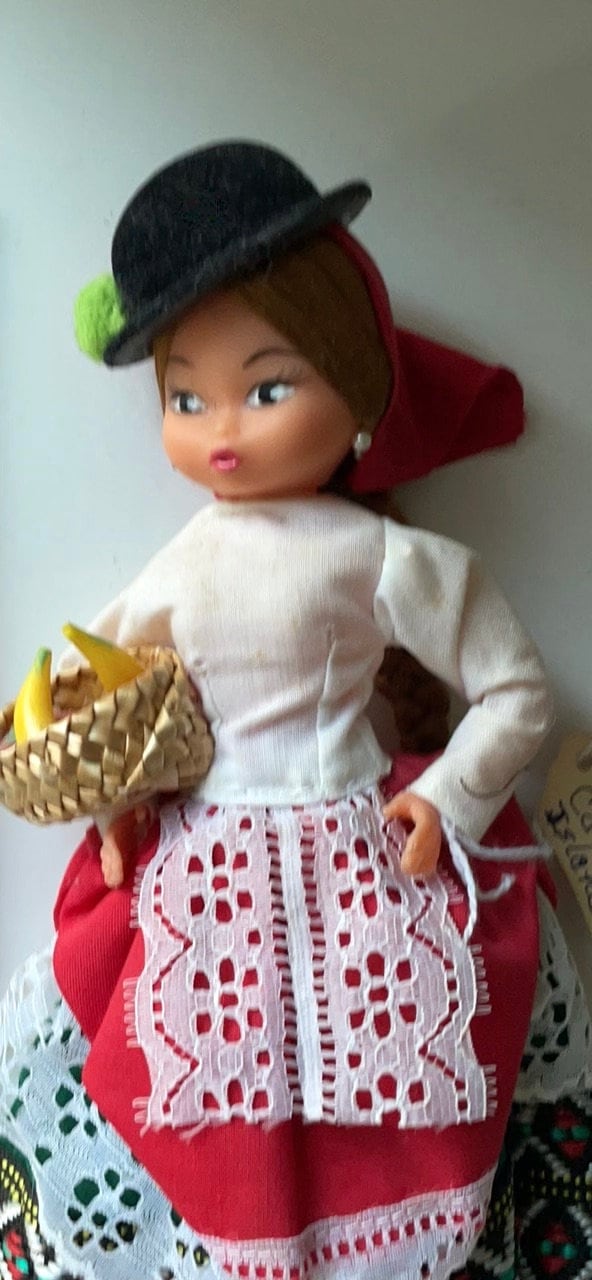 Vintage signed Muneca Artesana Beibi doll figurine - Made in Spain - holding wicker basket with miniature fruit