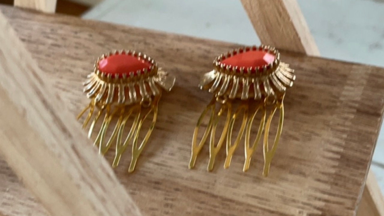 Pair of gold and orange mini metal hair combs - 1" each
