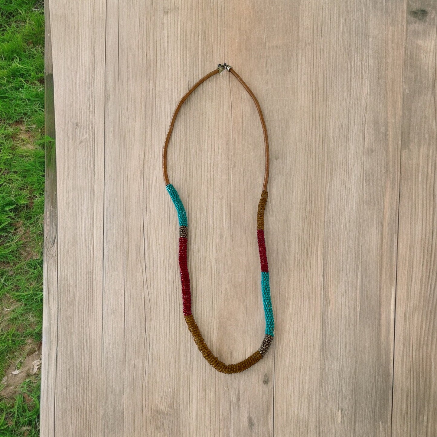Stunning silk wrapped earth tone beaded long vintage necklace