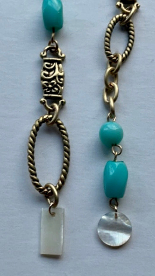 One-of-a-kind handmade mismatched mixed material long dangle earrings - turquoise colored vintage and new materials, mother of pearl dangles