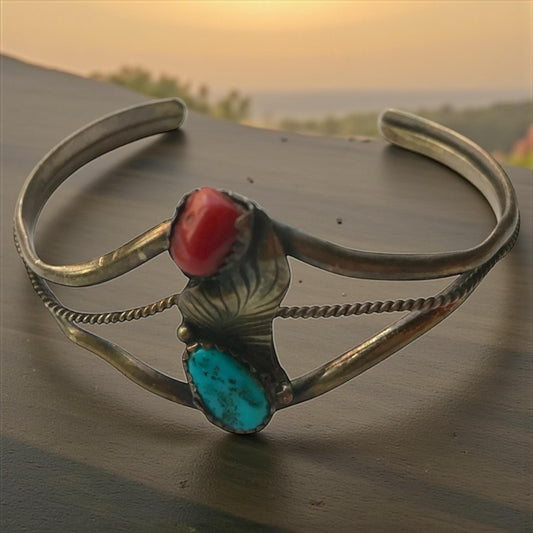 Vintage Native American Sterling Silver Cuff Bracelet | Handmade Turquoise & Red Coral Southwestern Jewelry