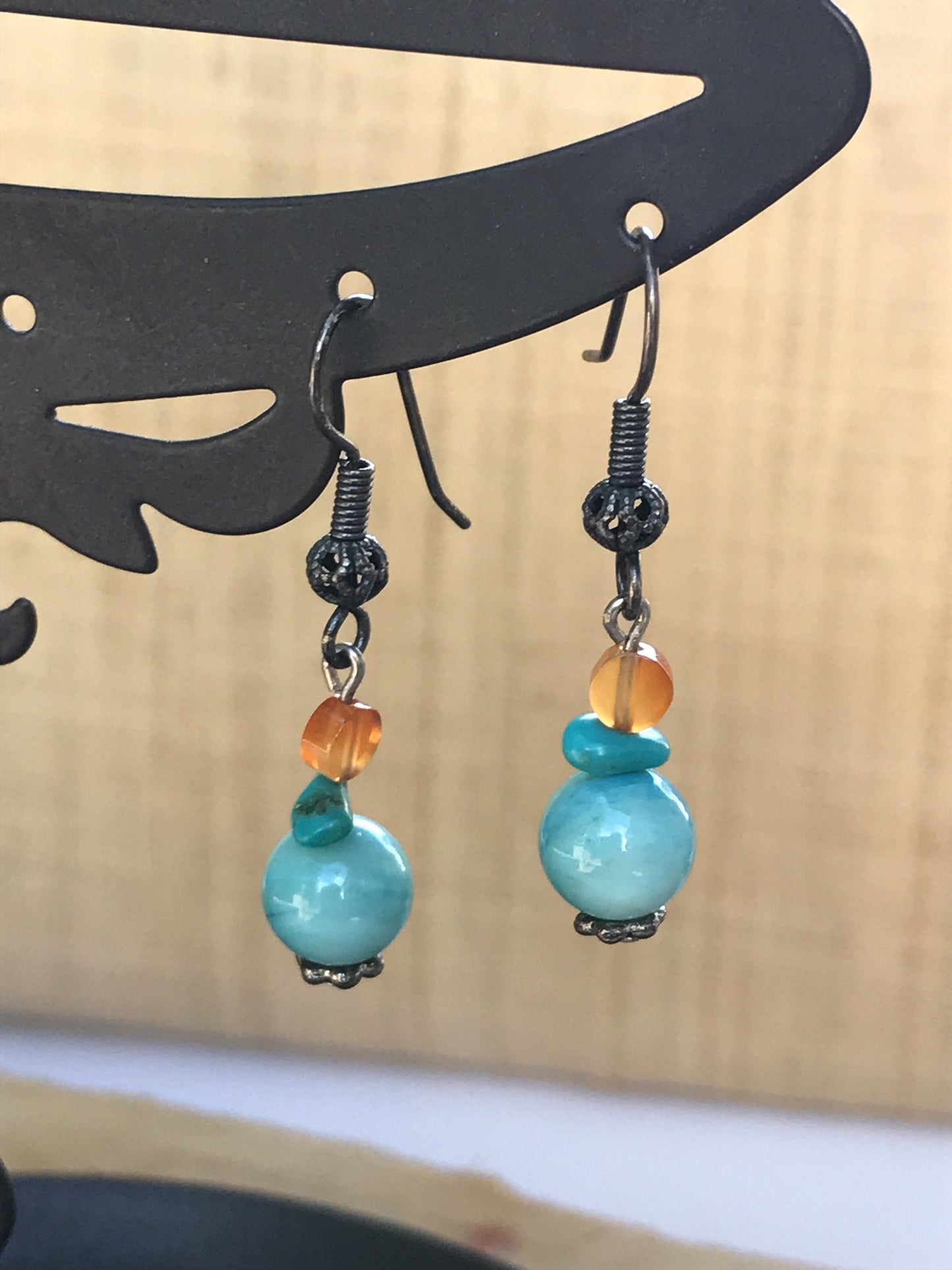 Stunning vintage blue and orange vintage dangle earrings - gemstone chip, bead and glass