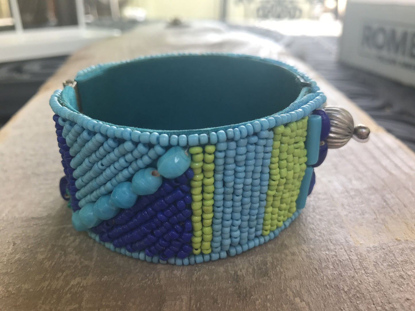 Stunning and unique vintage seed bead and mixed material vintage bracelet - shades of blue - made by Sally C