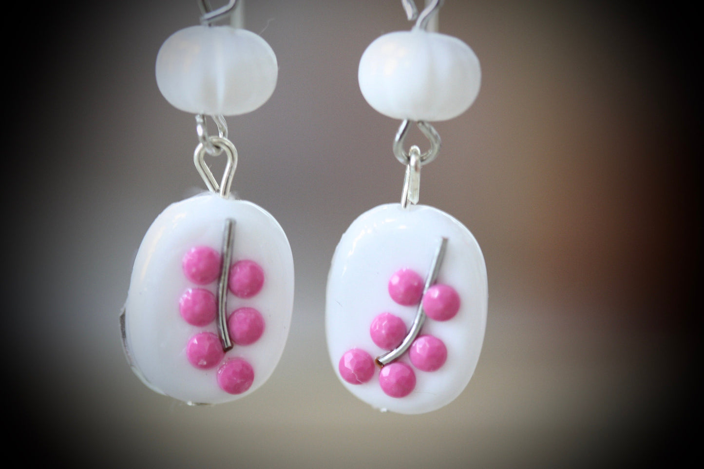 Sweet handmade pink dotted floral dangle earrings