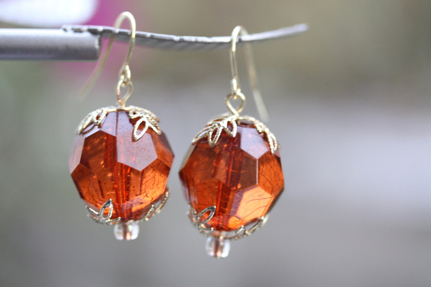 Simple gold faceted crystal dangle earrings with upcycled vintage gold leaf bead caps