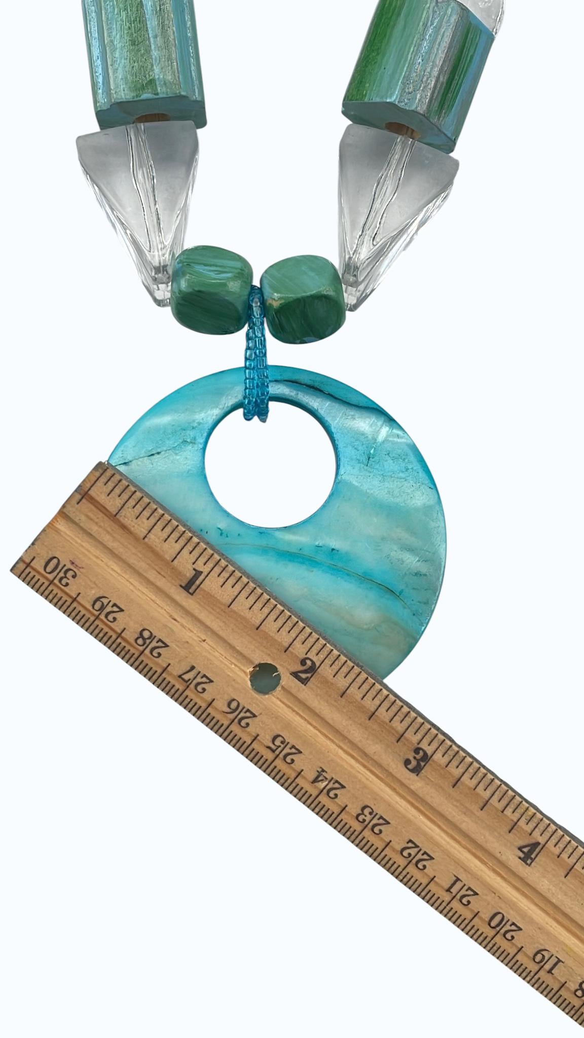 Vintage Artisan Coastal Statement Necklace Shell Pendant, Lucite Prism Beads and Hand Painted Wood Beads Wearable Art Necklace