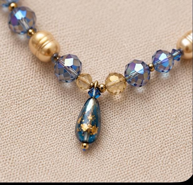 Vintage Artisan Crystal & Freshwater Pearl Necklace | Blue AB Crystal Teardrop Pendant | Elegant 18" Statement Necklace