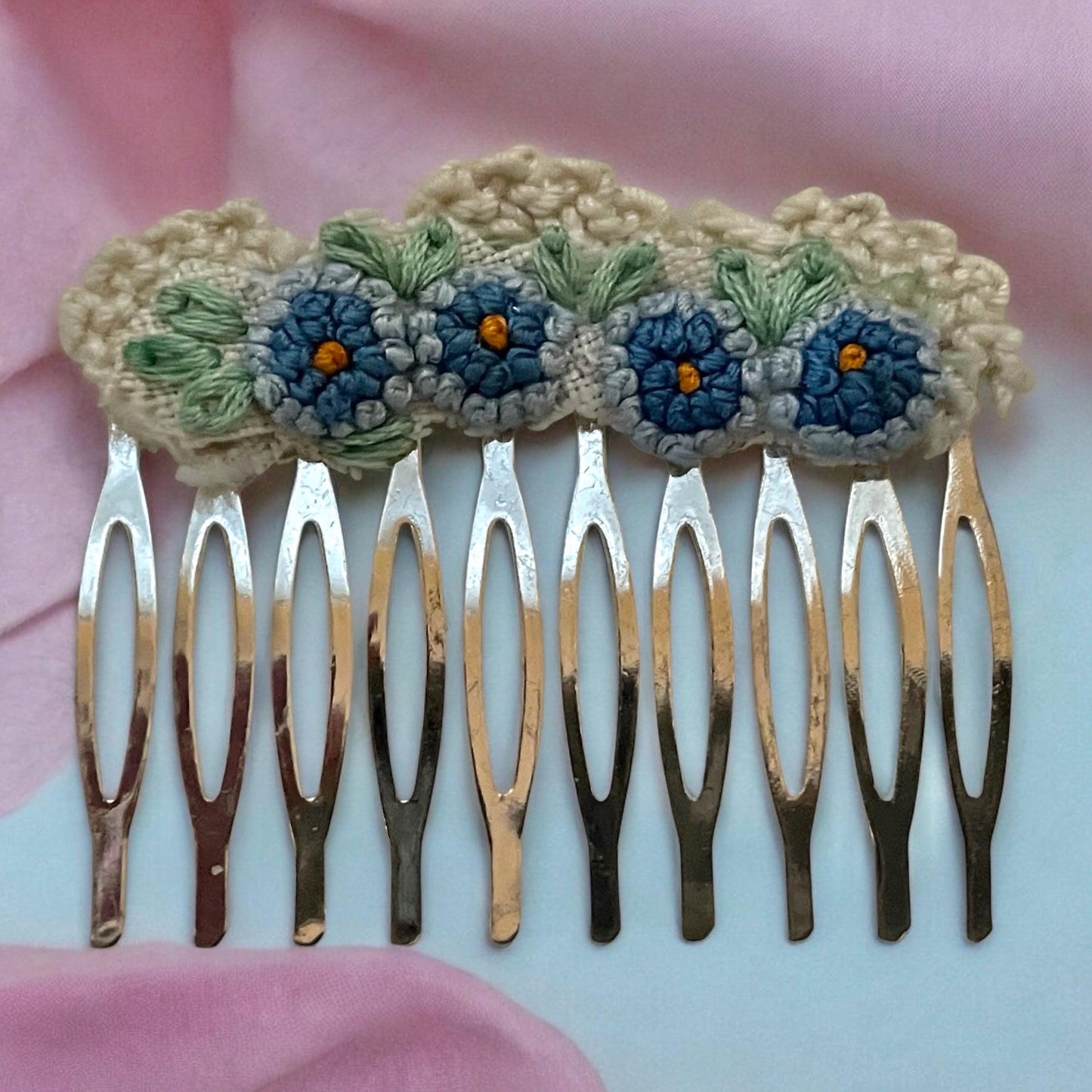 Floral hair comb handmade with embroidery and lace salvaged from vintage linens