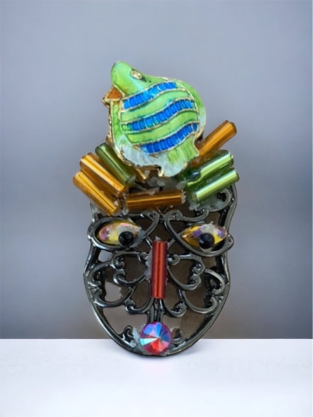 Meet Mr. Fish Head - Assemblage art / mixed media collage - magnet, pin, necklace pendant or Christmas ornament