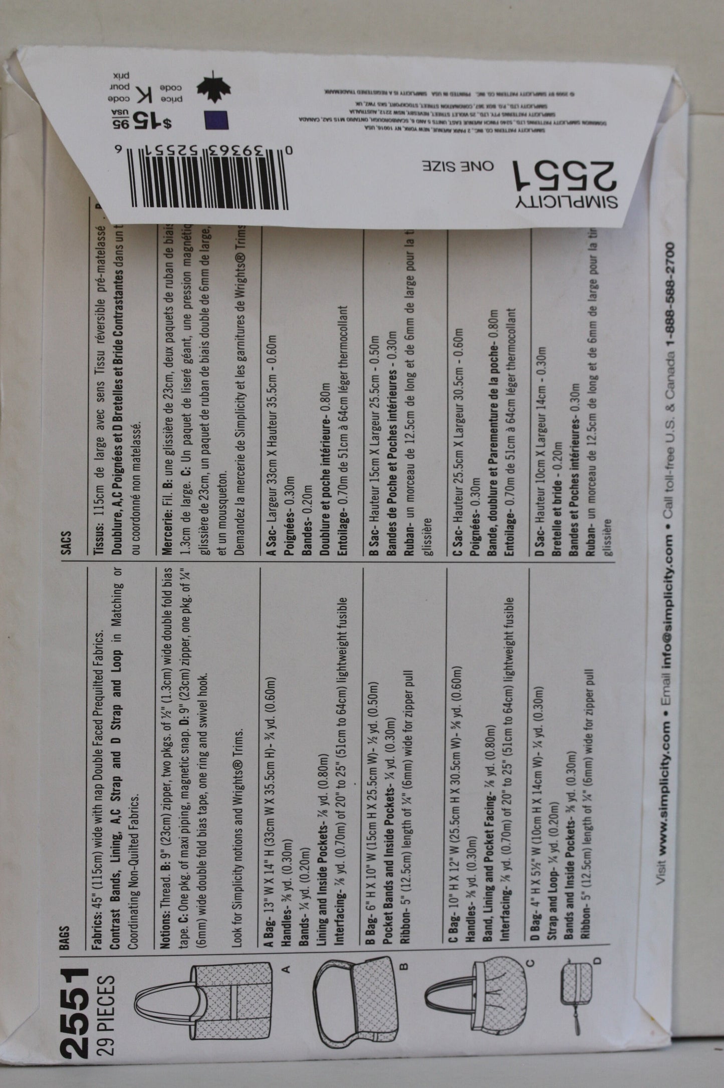 UNCUT Sewing Pattern - SIMPLICITY, 2551, Bag, Pattern, Four Styles