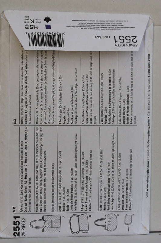 UNCUT Sewing Pattern - SIMPLICITY, 2551, Bag, Pattern, Four Styles