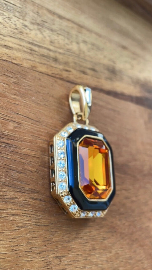 Vintage Runway Couture art deco style Black Enamel & Crystal rare signed Trifari necklace pendant