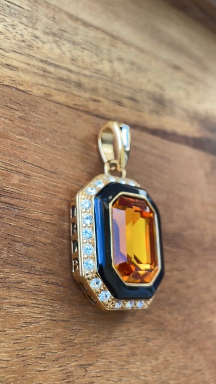 Vintage Runway Couture art deco style Black Enamel & Crystal rare signed Trifari necklace pendant