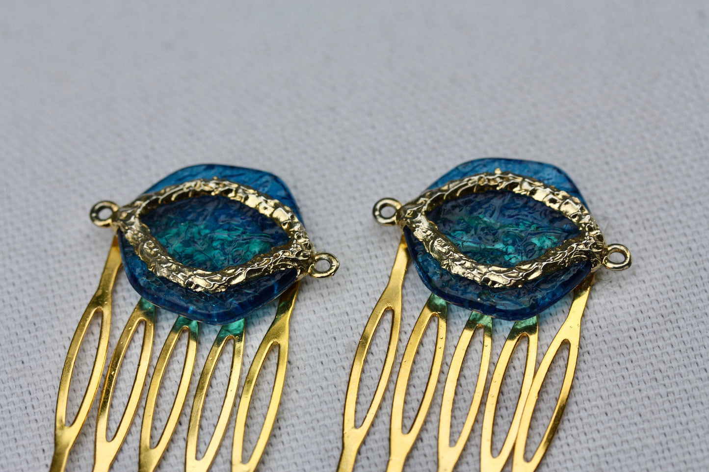 Mid century modern MCM inspired mixed material blue mini metal hair combs - 1" each