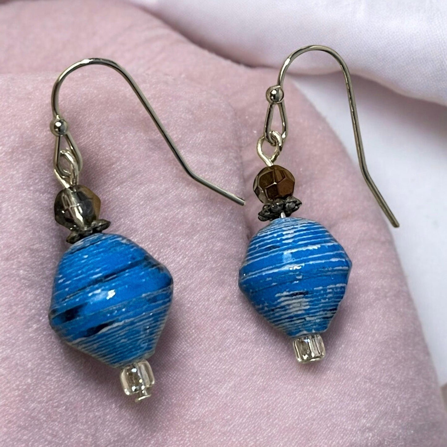 Little dangle earrings made with blue rolled paper, crystal and white sparkly glass beads