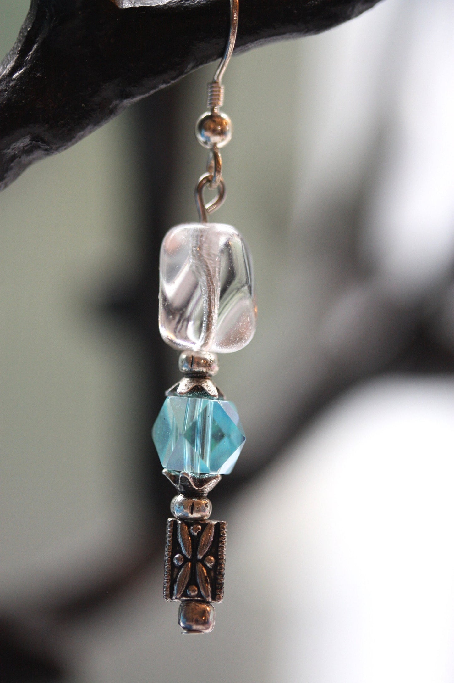 Blue crystal & uniquely shaped clear glass handmade dangle earrings