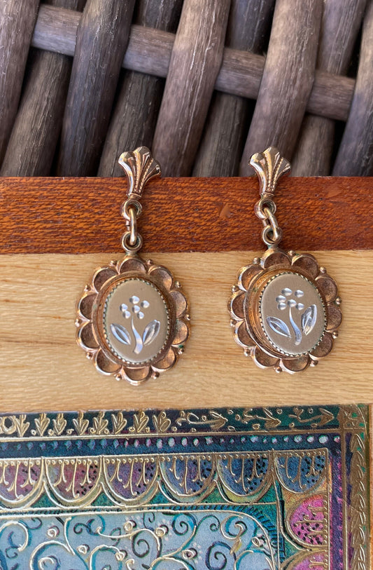 Damascene style etched metal floral small vintage dangle earrings