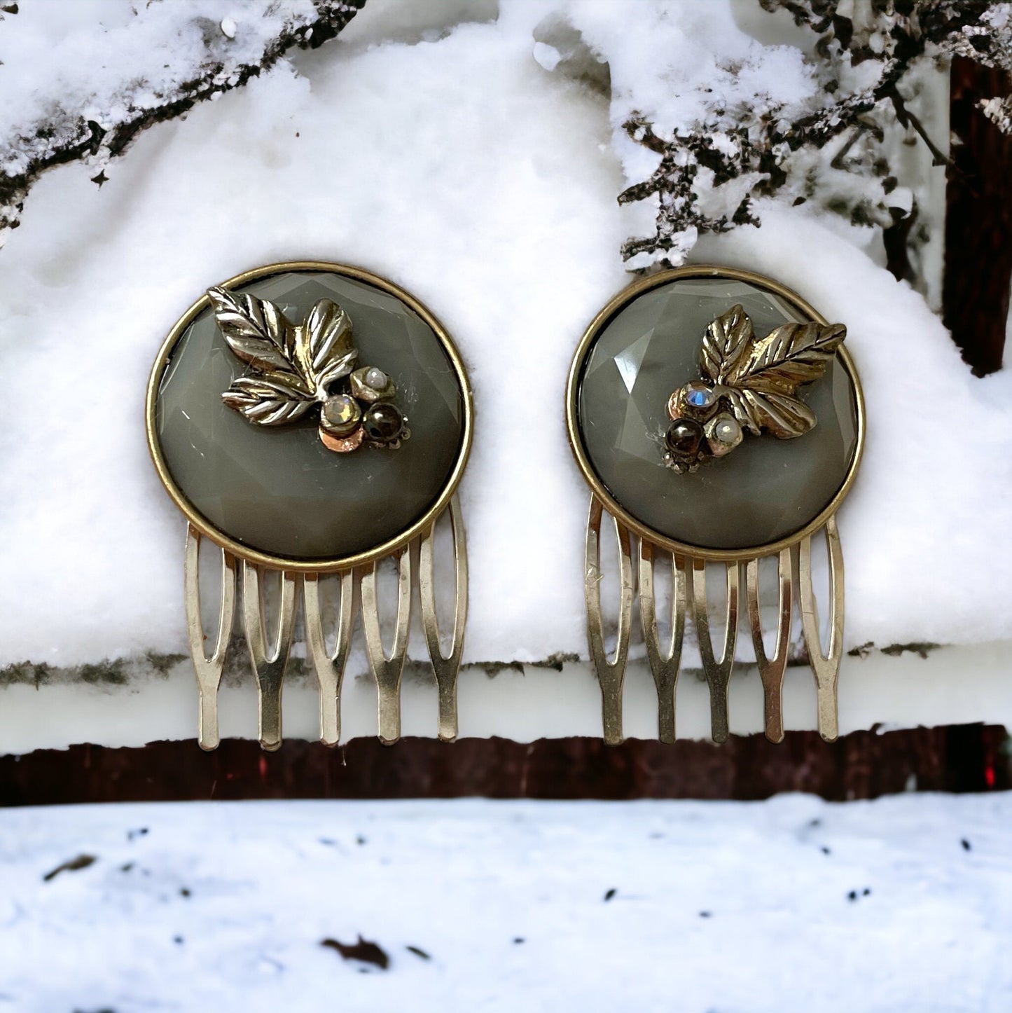 Pair of small 1" silvery gray round hair combs with silver leaves, rhinestones, faux baby pearls and upcycled metal components