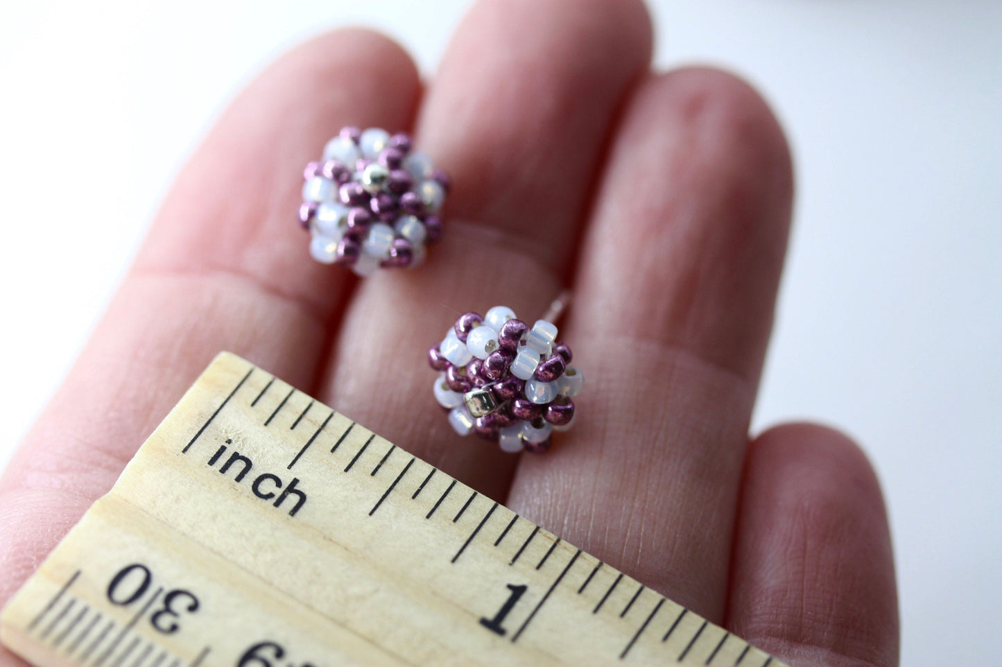 Hand beaded sterling silver stud earrings - purple with drops of gold lined white glass - studs, beadwork studs, beaded studs