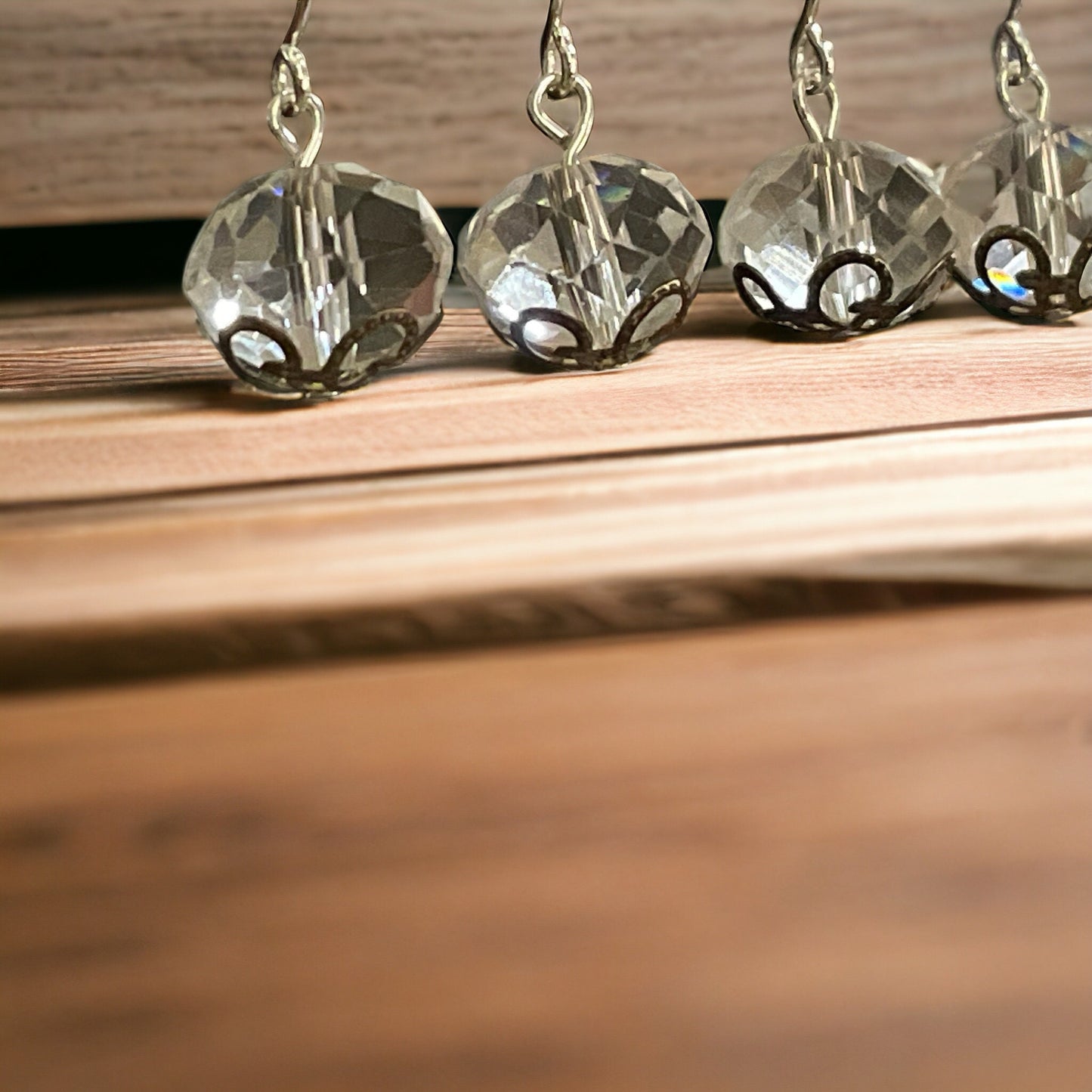 Crystal drop earrings - stunning, simple, for daytime or night - made of vintage faceted glass crystal and metal filigree findings - 1"