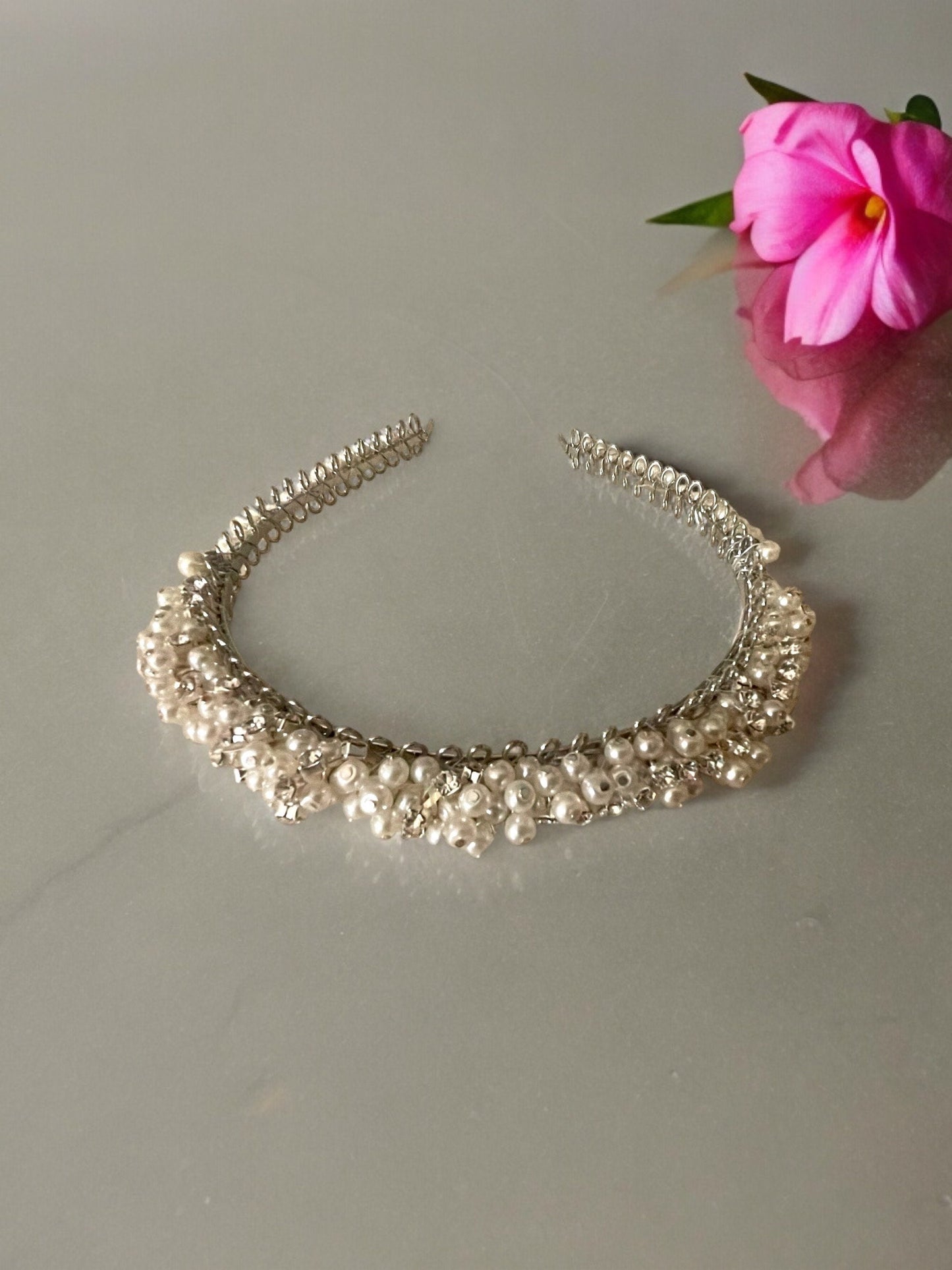 Handmade stunning head band for hair - with rhinestones and pearls on metal base - wedding, bride