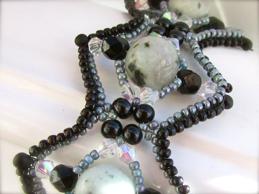 Turquoise and black beadwork bracelet - turquoise sesame jasper, unique beaded scrollwork, seed beads, crystals