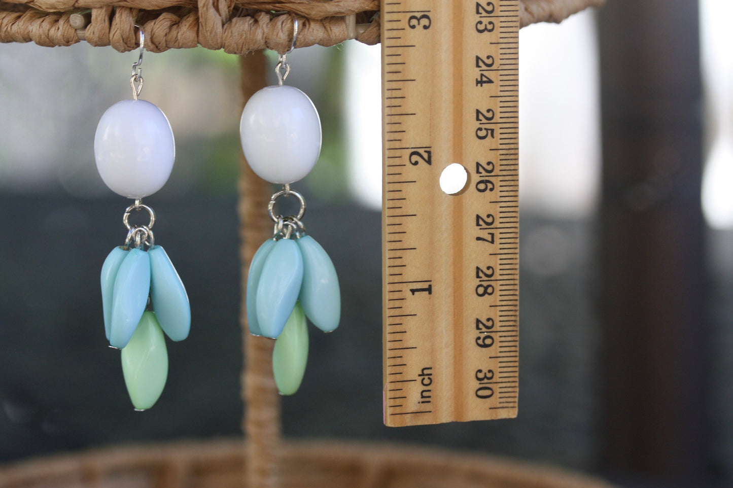 Seafoam green, blue and white fun chandelier style dangle earrings