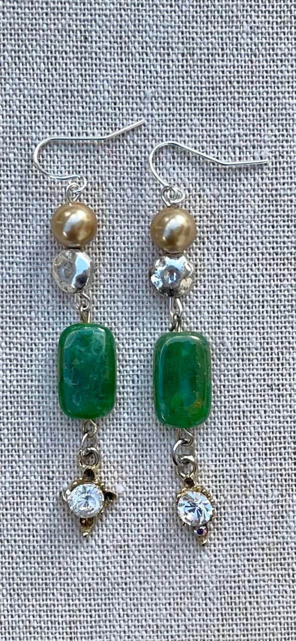Unique long dangle earrings made with new and vintage mixed materials - hammered metal, gold faux pearls, vintage green drops and charms