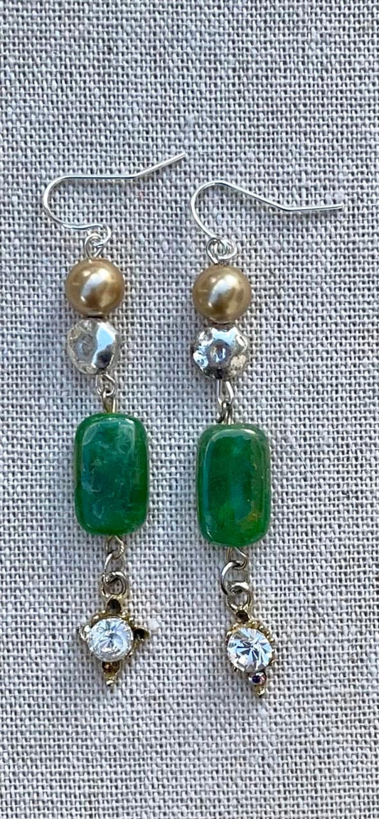Unique long dangle earrings made with new and vintage mixed materials - hammered metal, gold faux pearls, vintage green drops and charms