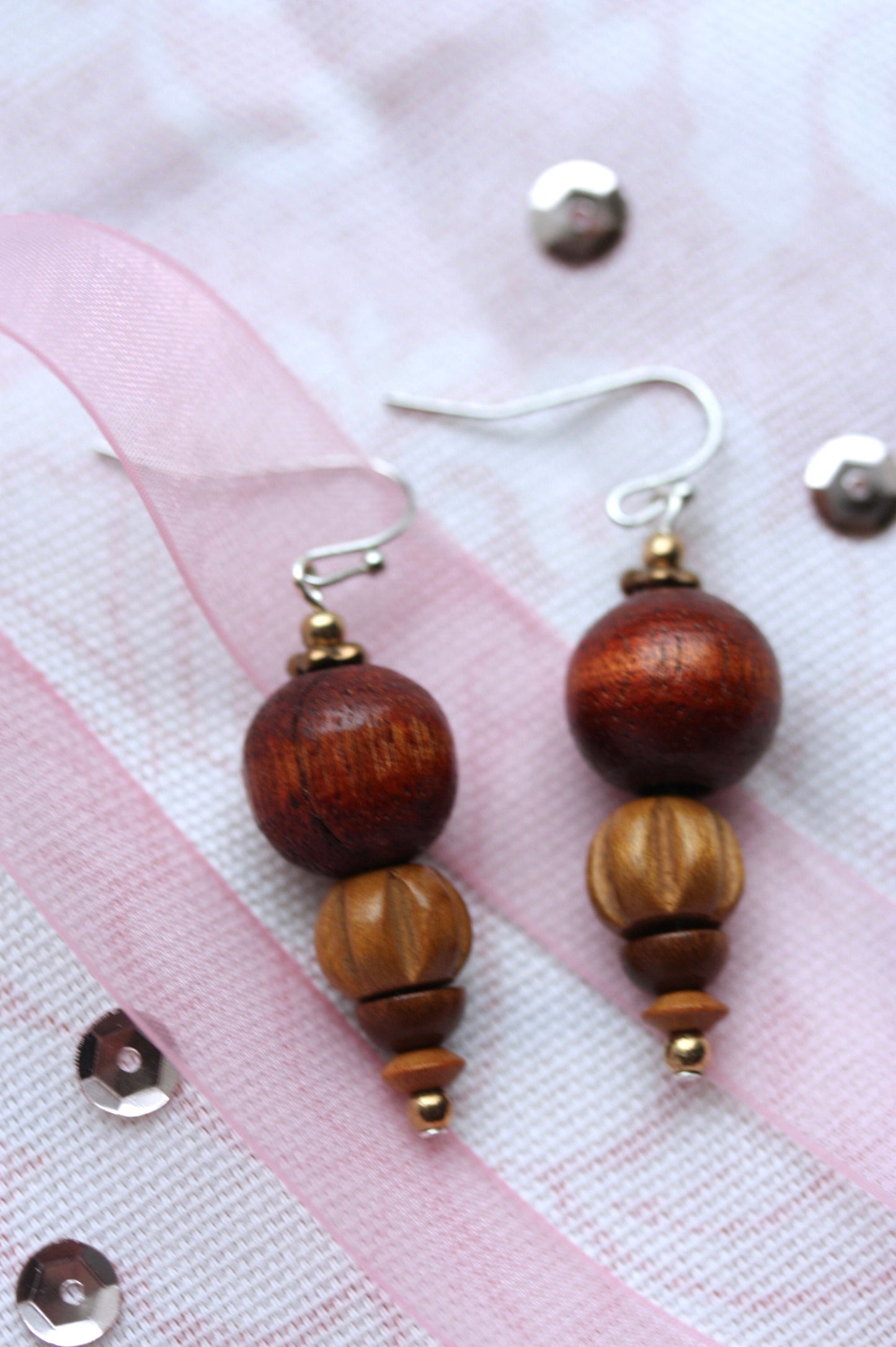 Handmade dangle earrings made with vintage wooden beads