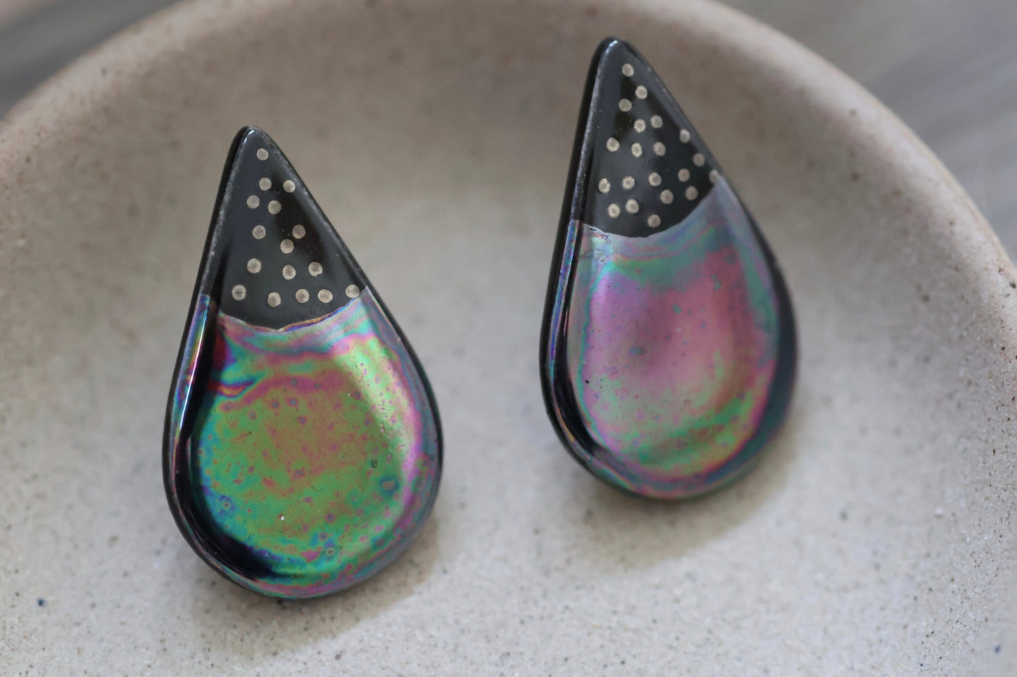 Glazed porcelain teardrop shaped vintage artisan earrings