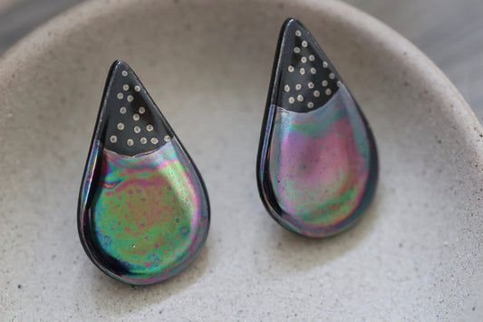 Glazed porcelain teardrop shaped vintage artisan earrings