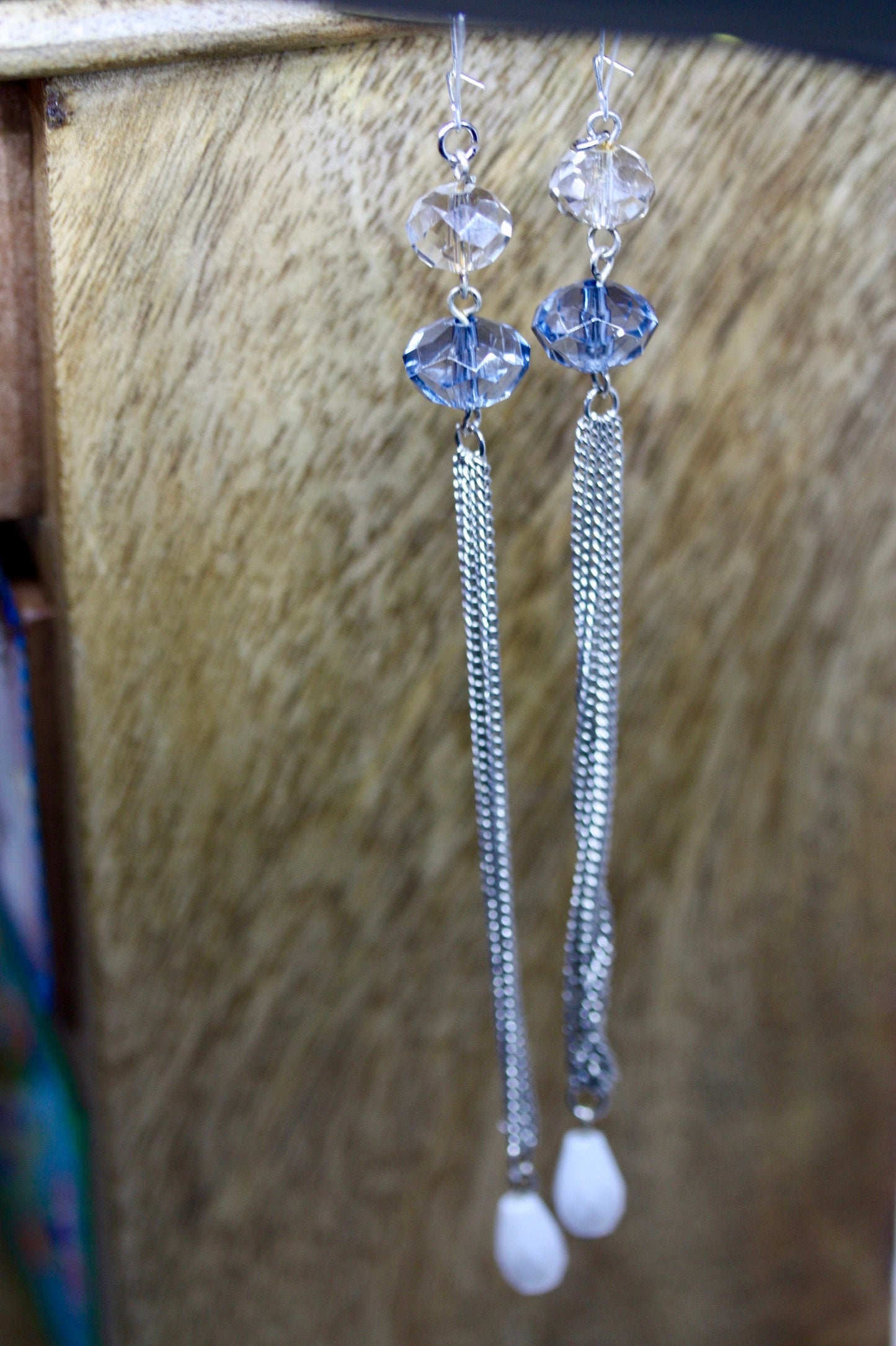 Ultra long, ultra sexy blue and white faceted crystals with metal tassel handmade earrings with vintage components