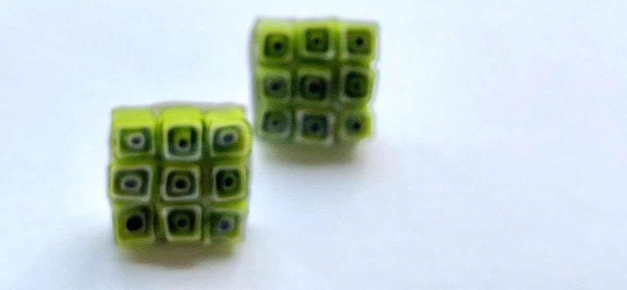Small handmade lime green squares micro mosaic glass half-inch stud earrings