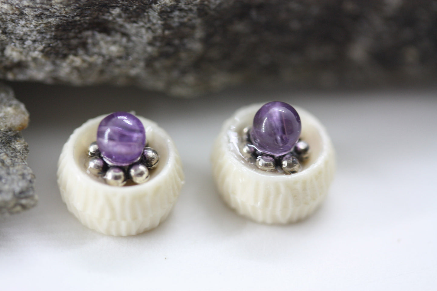 Tiny barely-there purple amethyst in silvertone minimalist stud earrings