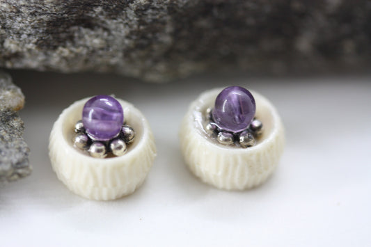 Tiny barely-there purple amethyst in silvertone minimalist stud earrings