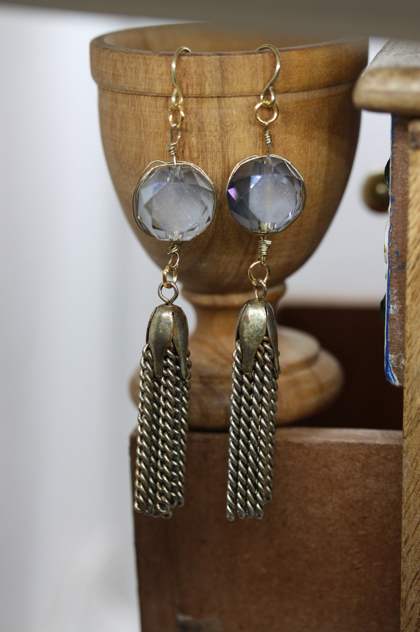 Beveled silvery blue glass and metal tassel handmade earrings