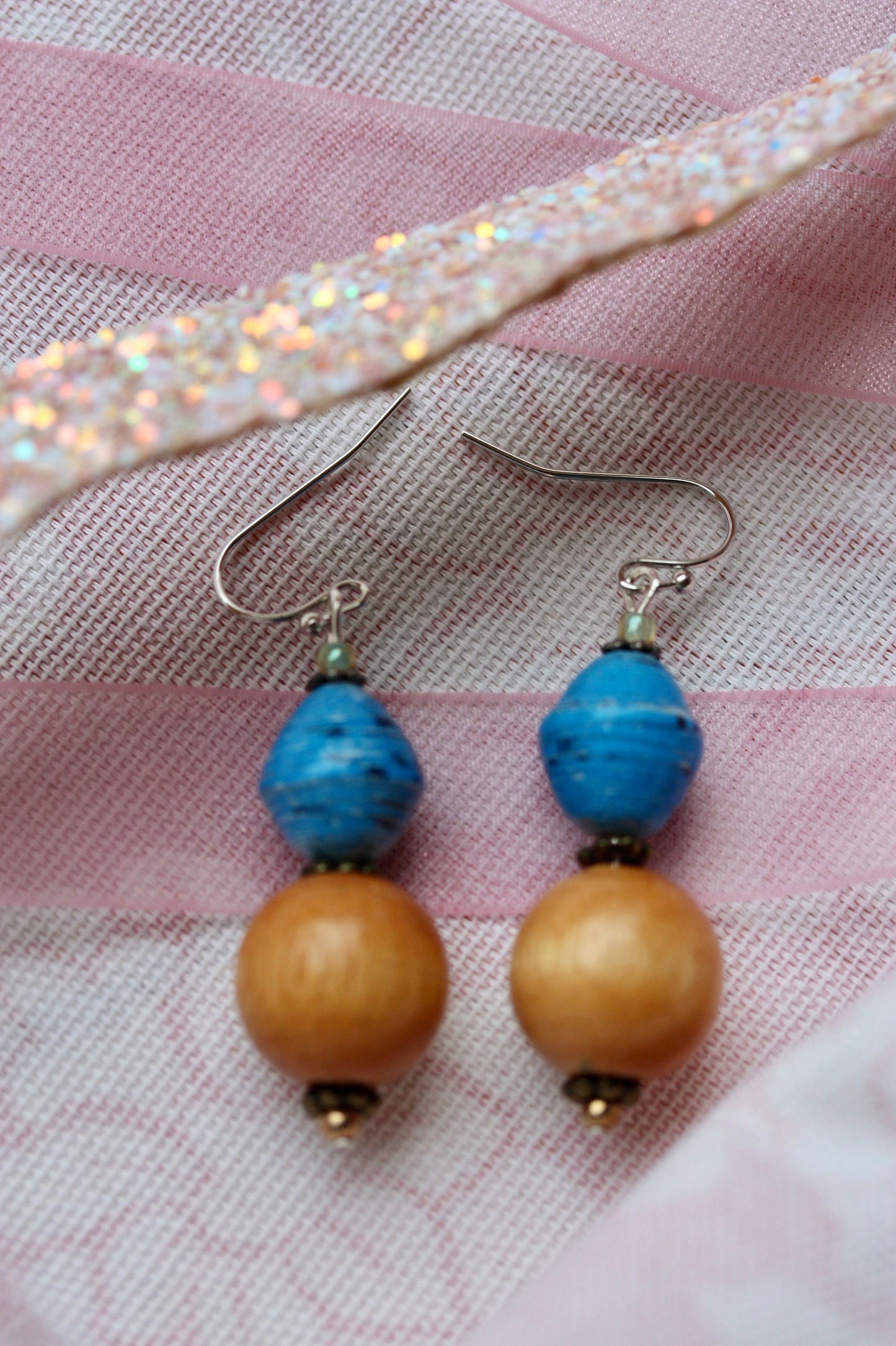 Rolled blue paper and tan wood beads handmade dangle earrings with vintage, upcycled and new elements