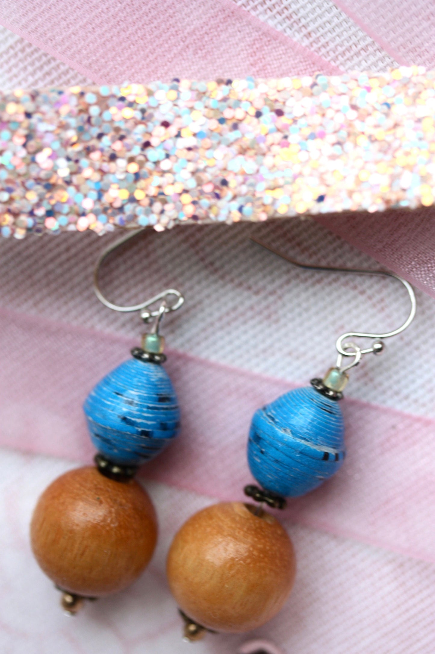 Rolled blue paper and tan wood beads handmade dangle earrings with vintage, upcycled and new elements