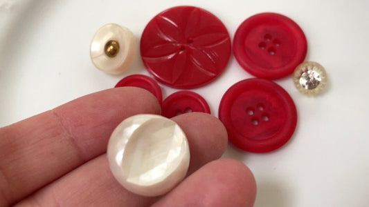 Button mix lot - red and white vintage buttons - rhinestones, pearlescent, etched, etc. various sizes and materials