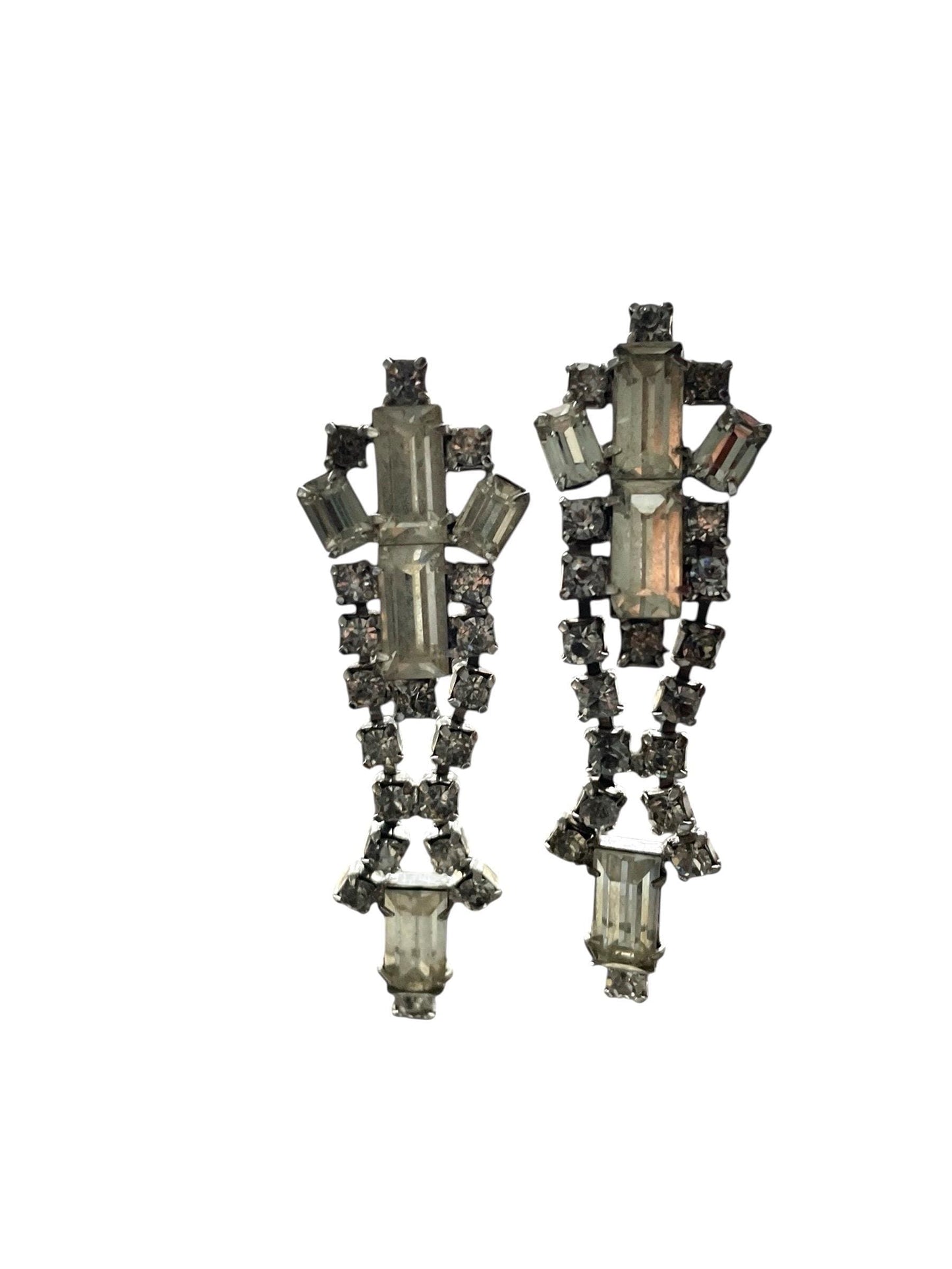 Vintage Rhinestone Clip On Earrings | Clear Baguette & Round Rhinestones | Art Deco Style Statement Earrings | Silver Tone