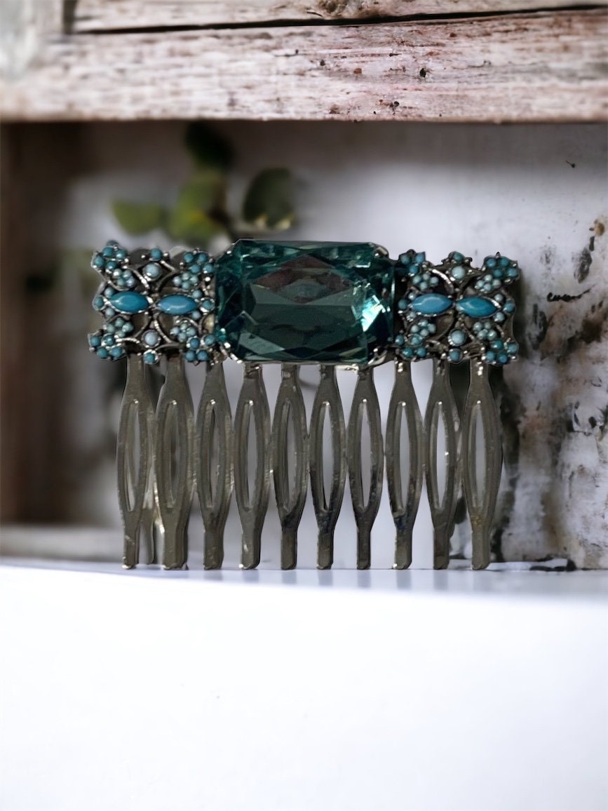 One-of-a-kind hand beaded hair comb - with turquoise faux stones and matching large rhinestone center