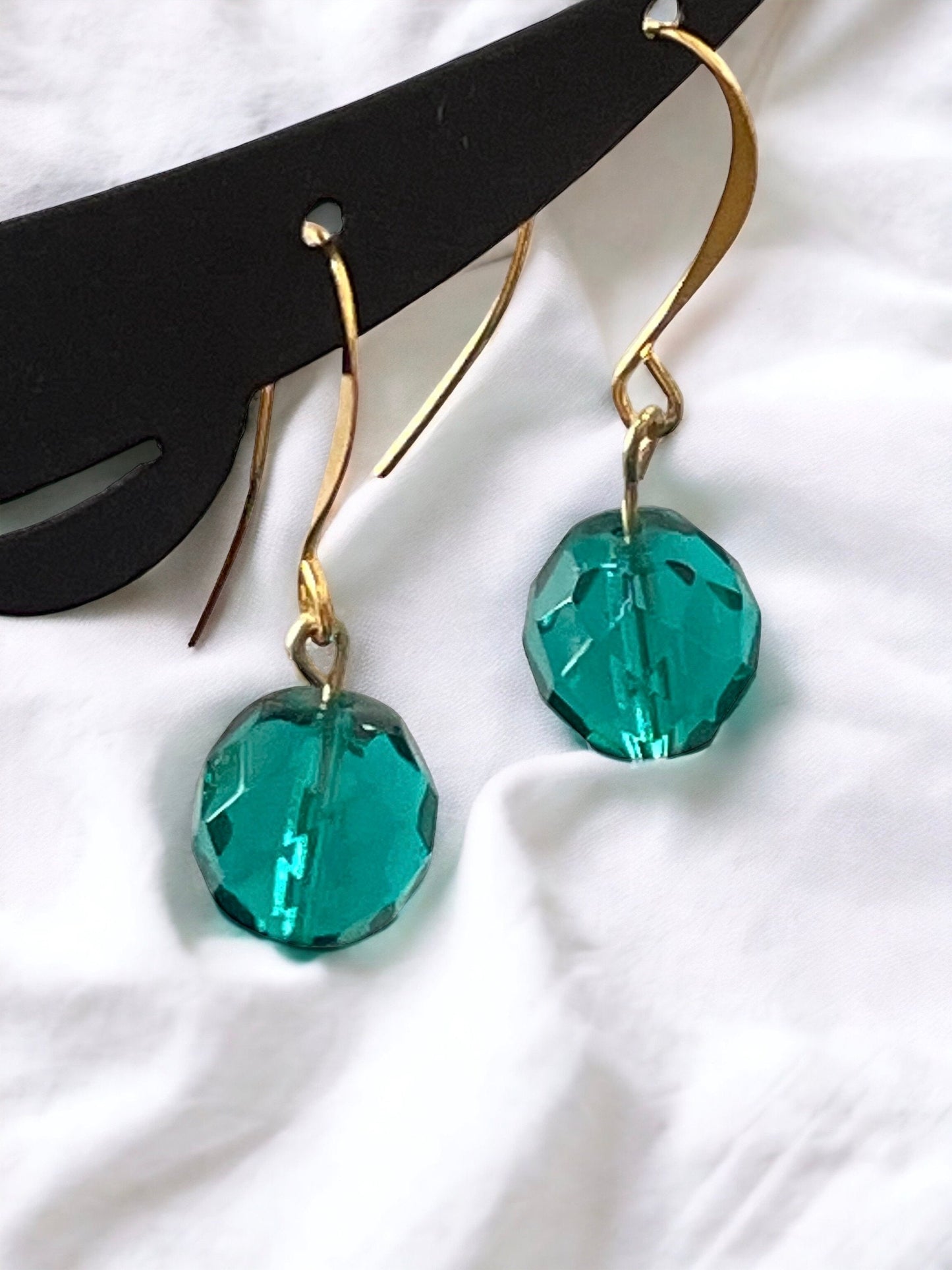 Minimalist turquoise glass crystal dangle earrings with sloped goldstone ear wires