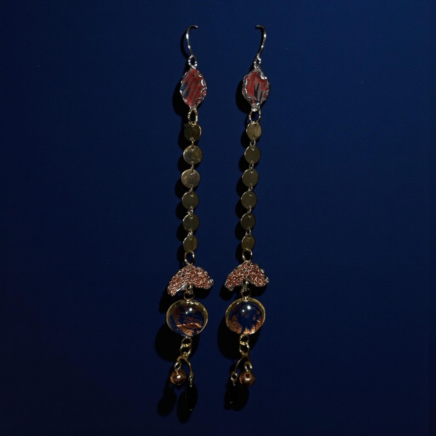 Handmade Long Boho Dangle Earrings – Mixed Metal & Fabric Statement Earrings, Artistic Drop Jewelry with Beads, Modern Design - "Red Sky"