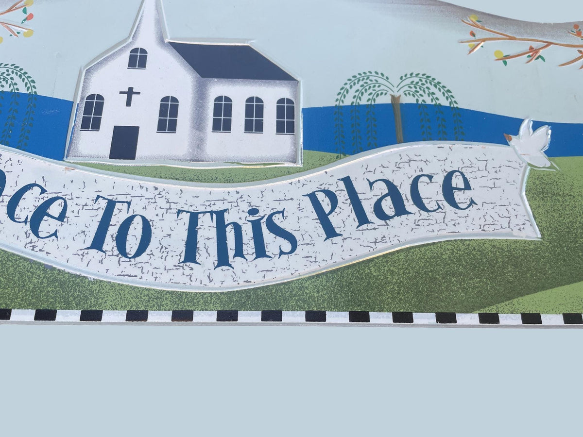Folk Art Wooden Wall Plaque – “Peace to This Place” Country Village Scene with Sheep & Church – Primitive Farmhouse Decor