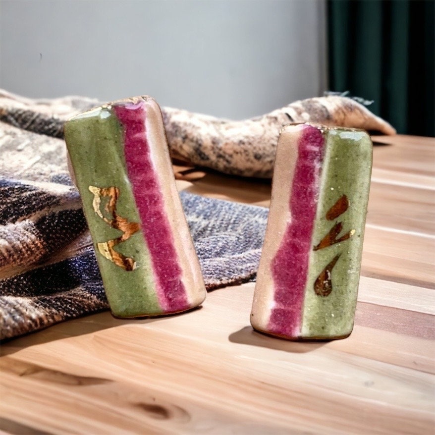 Vintage pottery ceramic earrings - red, green and gold glaze on clay