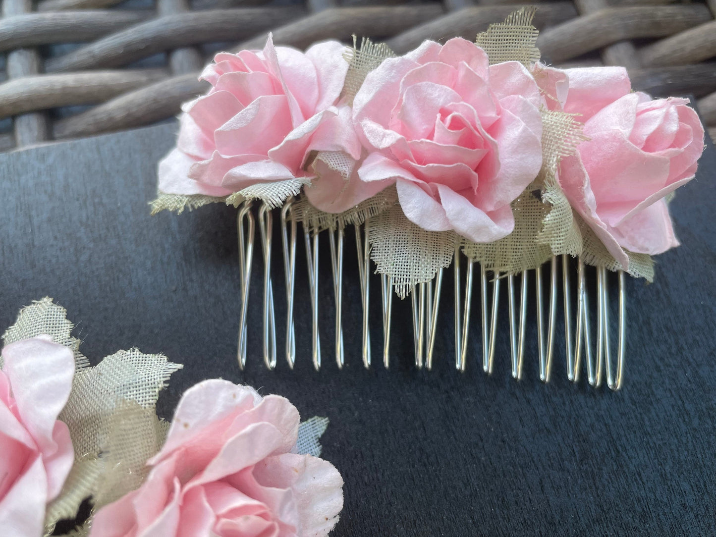 Pink faux flower hair combs - 1 pair