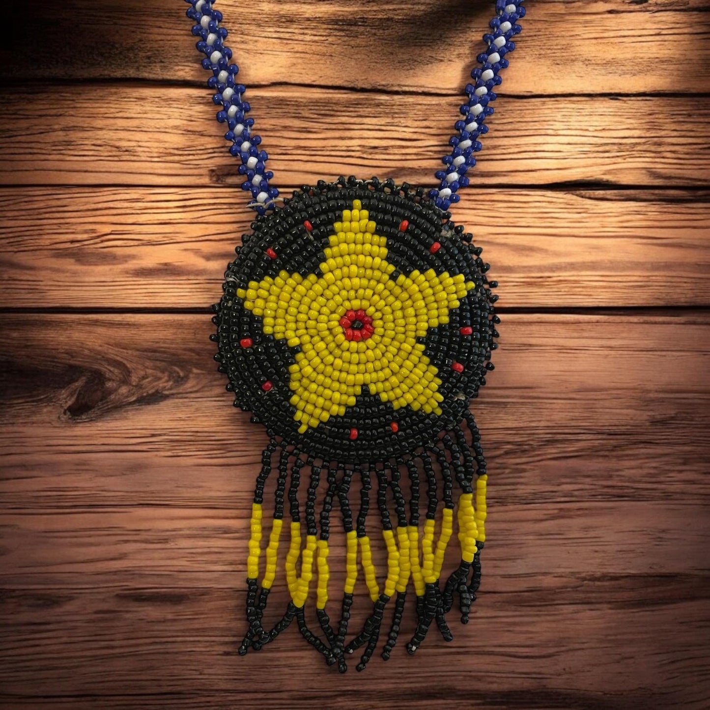 Native American style seed bead beadwork yellow, black and red stunning necklace