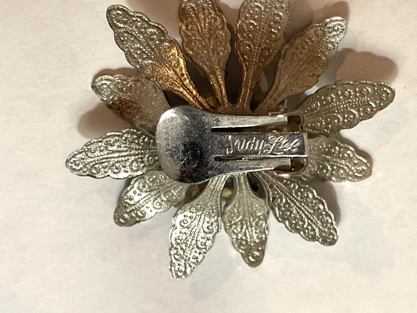 Vintage Judy Lee Rhinestone Flower Clip Earrings Silver Tone Floral Statement Mid Century Designer Signed Retro 1950s 1960s Jewelry