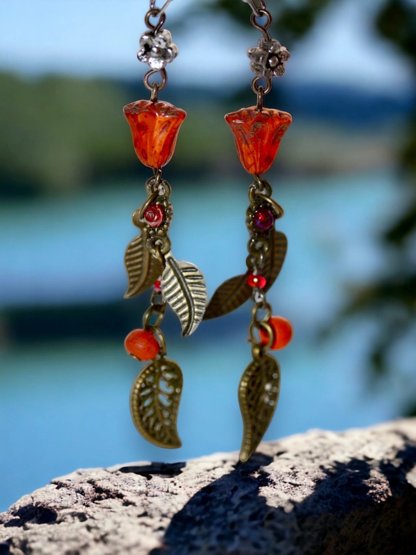 coppery - orange tulip mixed material vintage and new element handmade dangle earrings